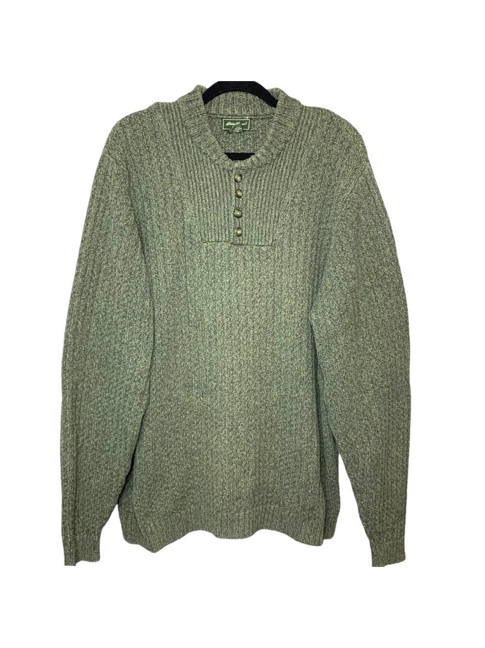 Eddie Bauer Heavy Knit Fisherman Pullover Green Sz XLT 1/4 Button Henley Sweater